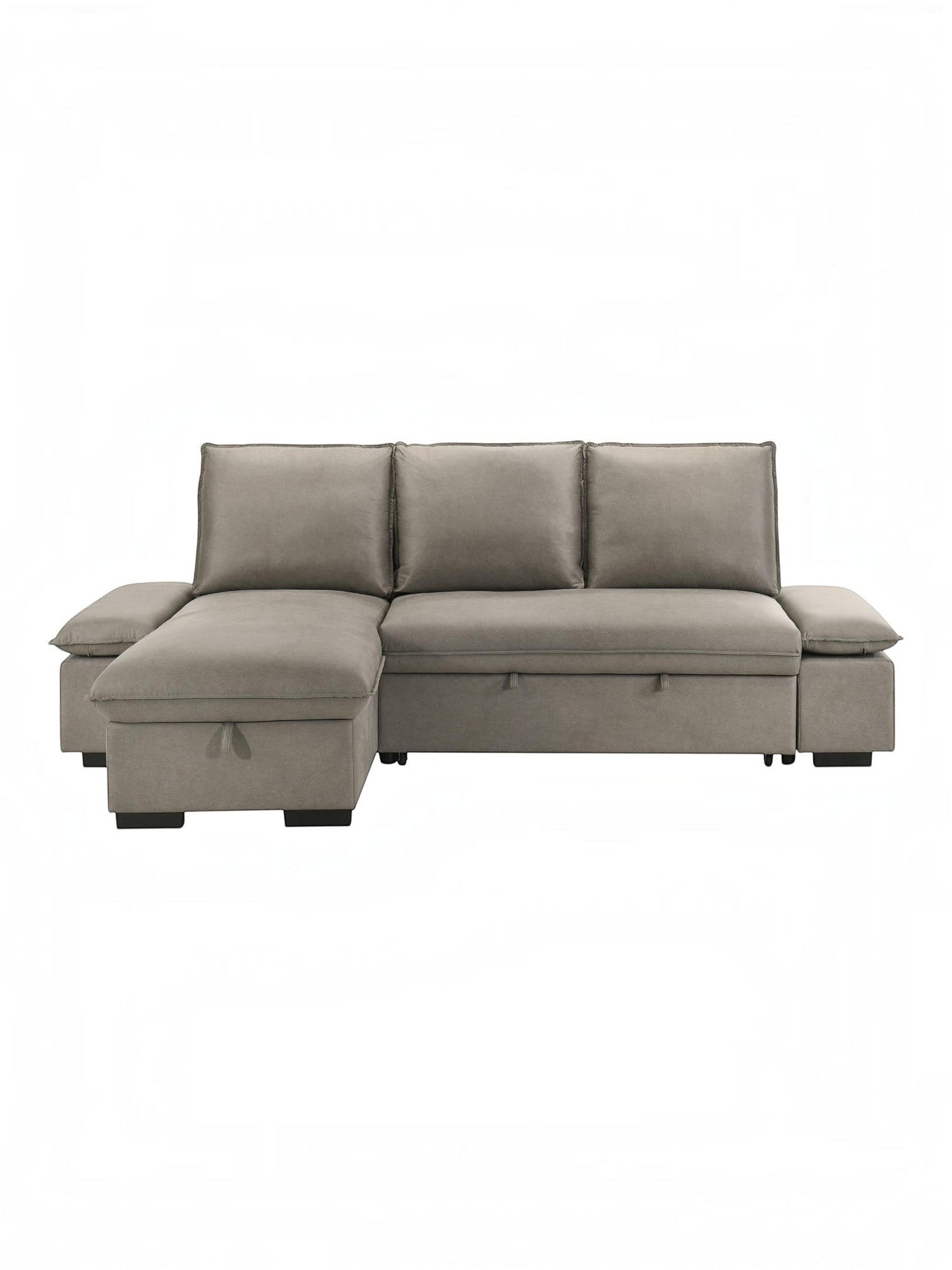 TOCO Meubles Sofa-lit Nia gris en tissu avec coffre de rangement intégré et accoudoirs rembourrés.