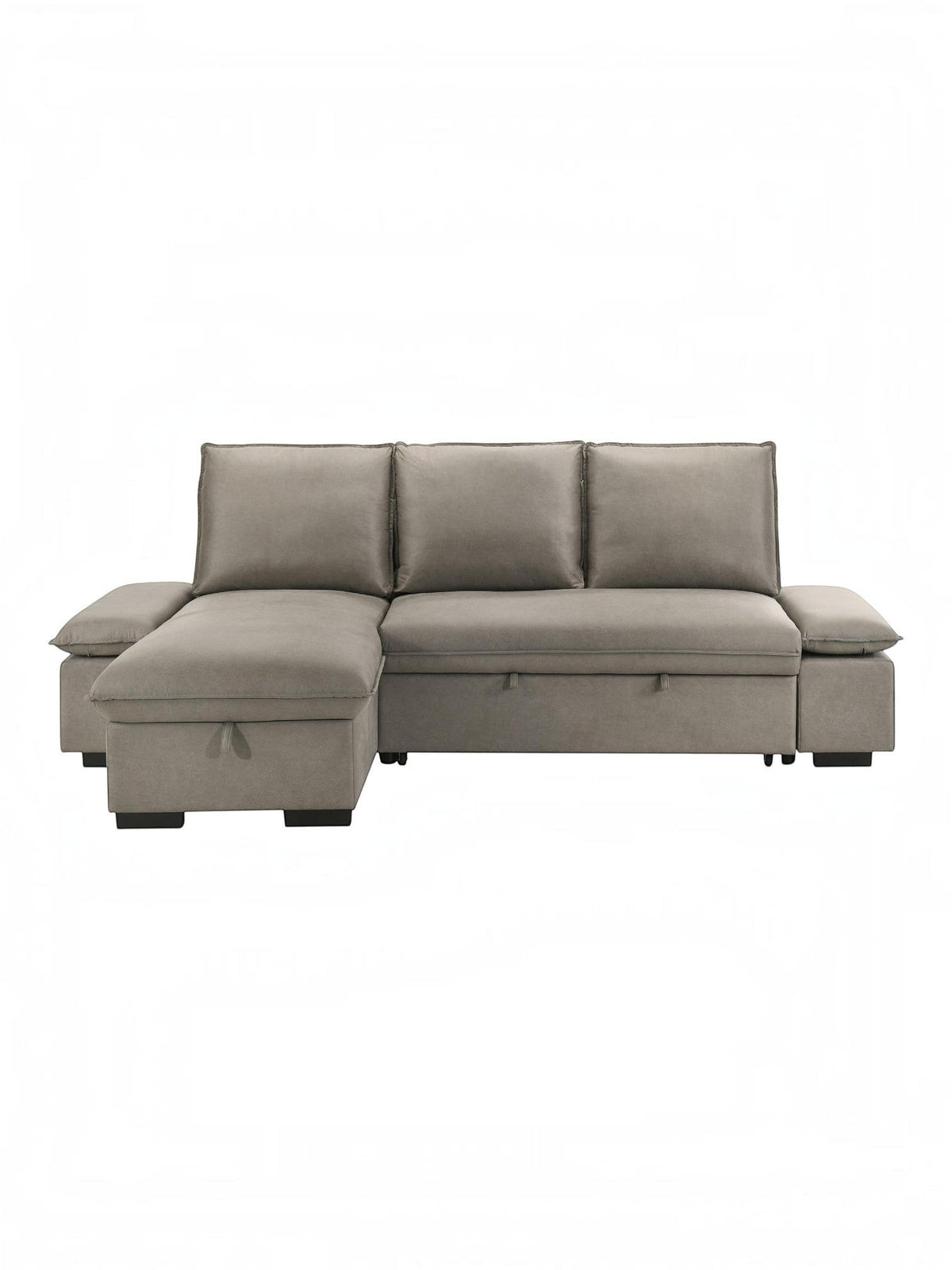 TOCO Meubles Sofa-lit Nia gris en tissu avec coffre de rangement intégré et accoudoirs rembourrés.
