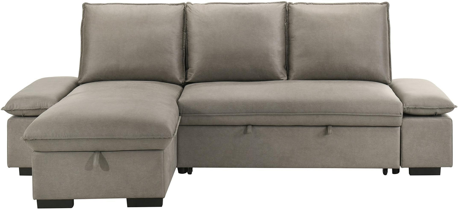 TOCO Meubles Sofa-lit Nia gris en tissu avec coffre de rangement intégré et accoudoirs rembourrés.