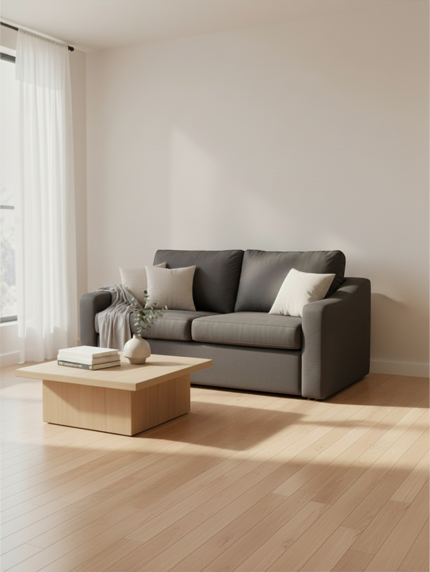 Sofa-lit Ayana de TOCO Meubles gris foncé convertible dans un salon lumineux avec table basse en bois clair