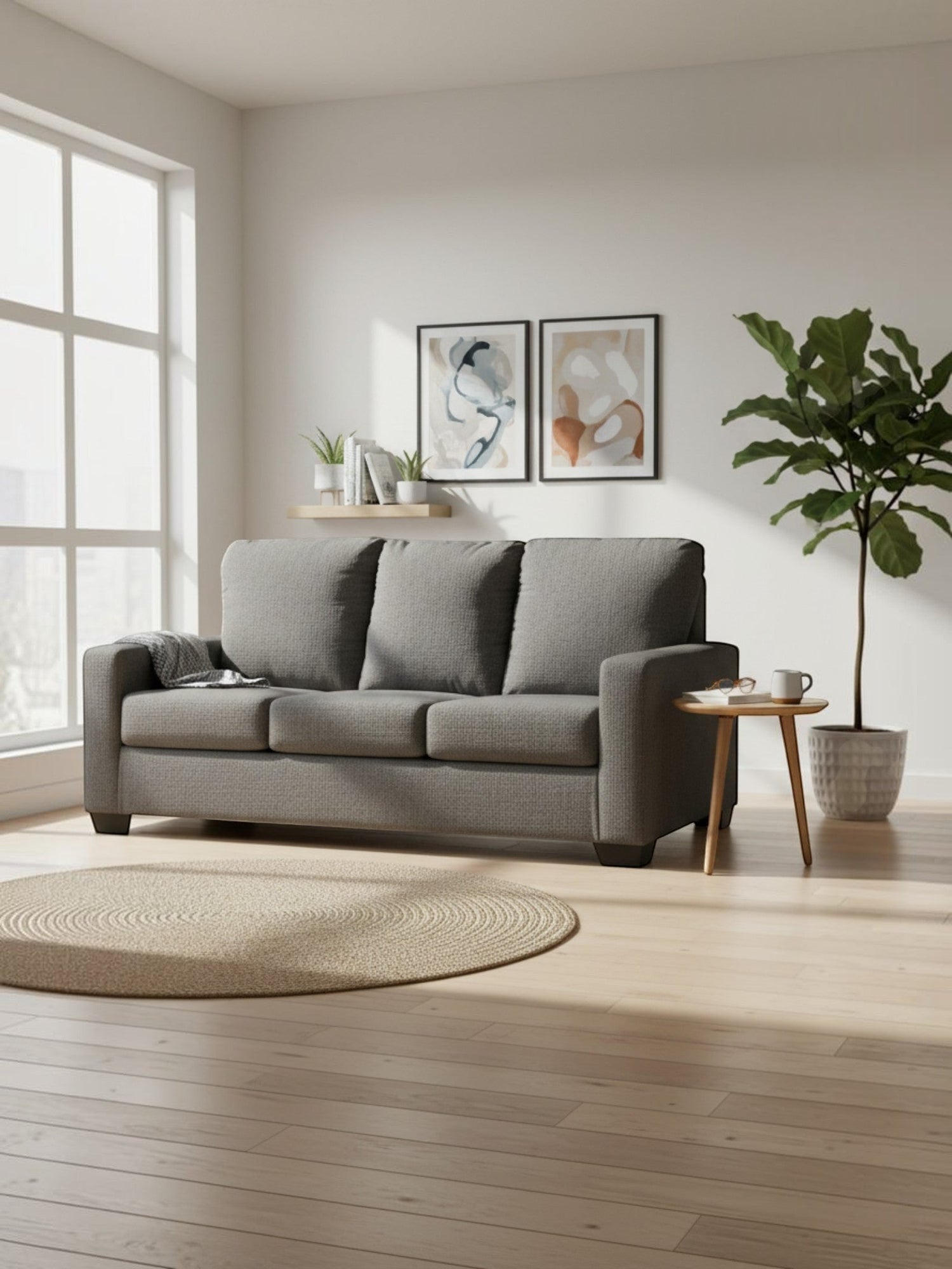 Sofa-lit 3 places Jabari gris par TOCO Meubles dans un salon lumineux au style contemporain et épuré