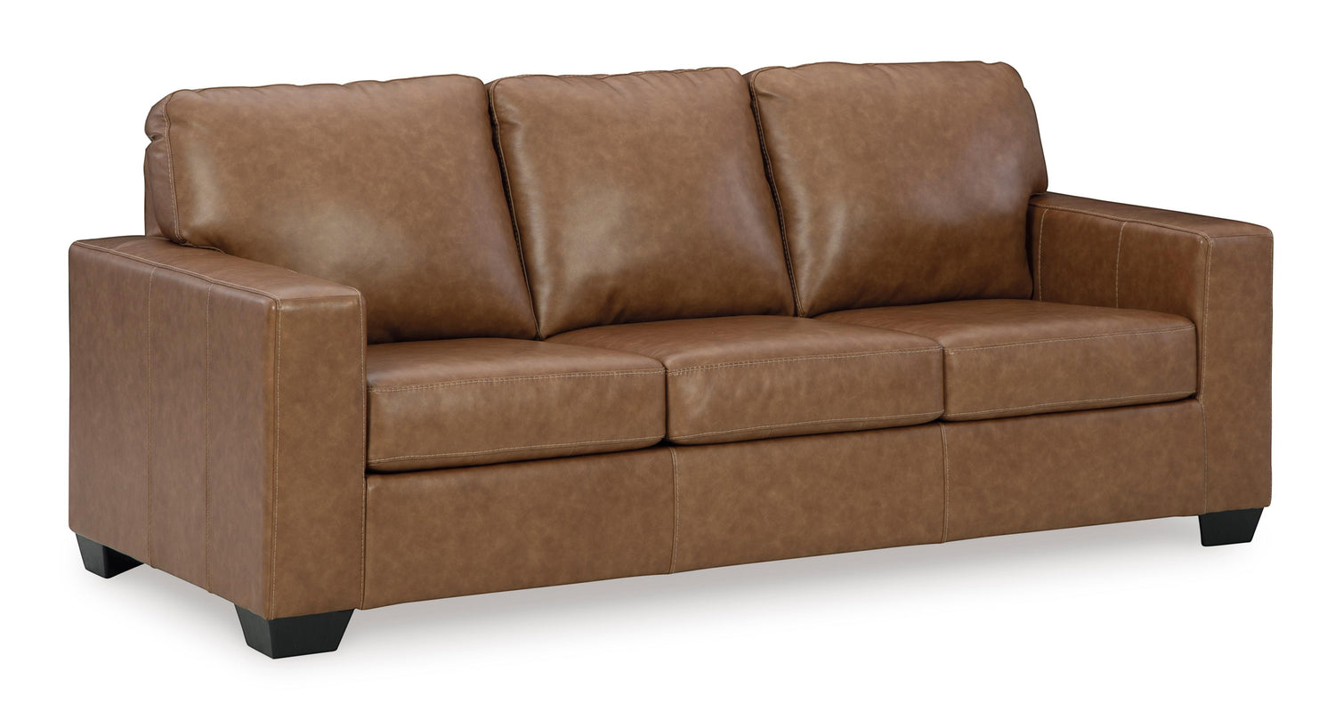 TOCO Meubles Sofa-lit Jelani en cuir brun clair, 3 places, design moderne avec coussins moelleux et pieds noirs.