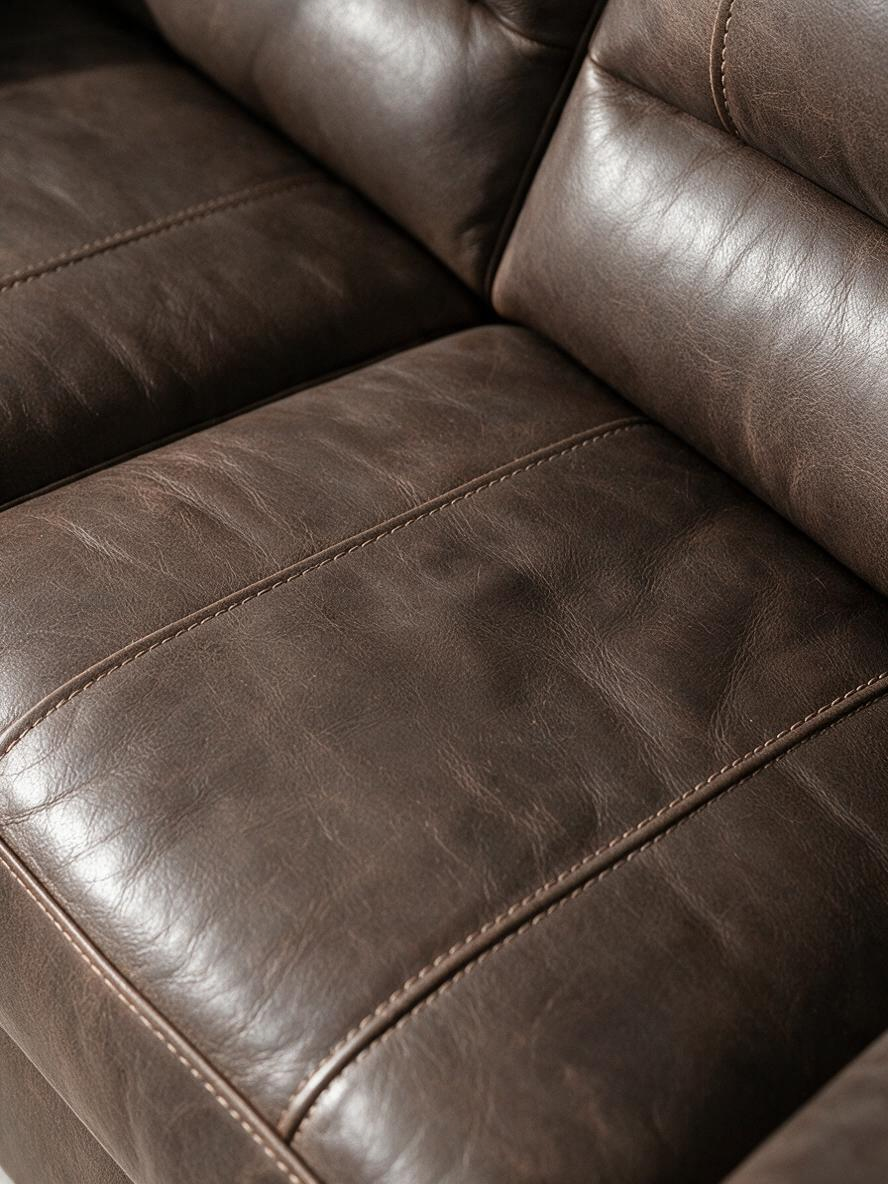 Gros plan sur le revêtement en aspect cuir marron du sofa-lit Kairo de TOCO Meubles avec ses coutures apparentes.