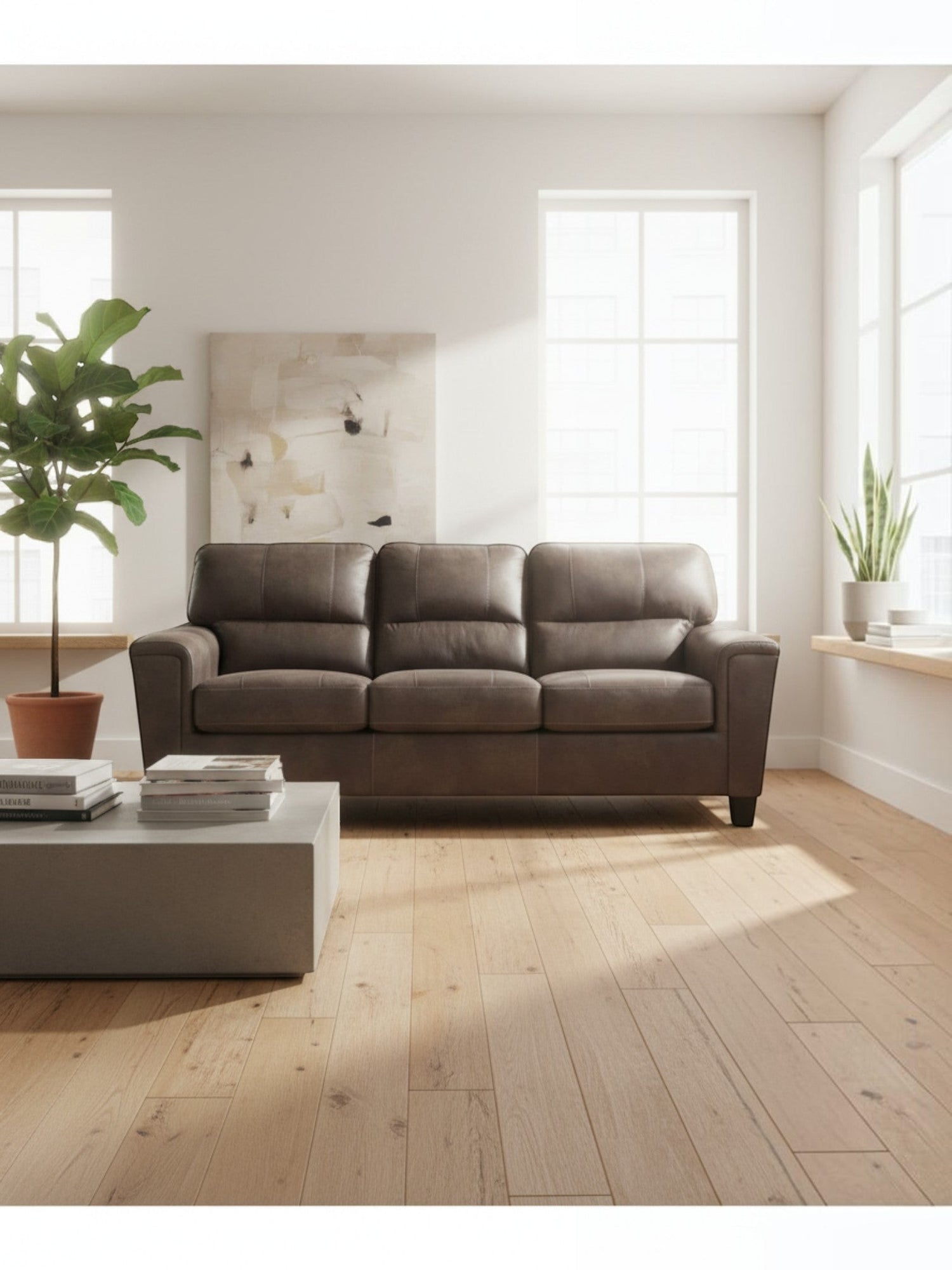 Sofa-lit Kairo de TOCO Meubles en aspect-cuir marron dans un salon lumineux avec parquet en bois et plante verte