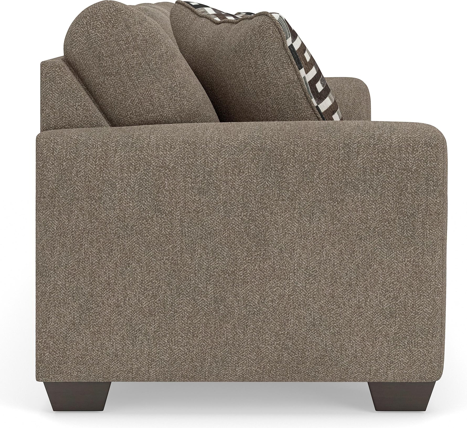 TOCO Meubles Sofa-lit Kaya taupe texturé avec coussins décoratifs géométriques marron et noir.