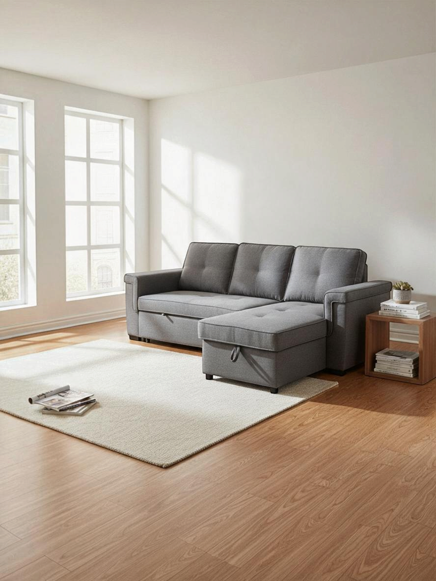 Sofa-lit Kendi gris de TOCO Meubles avec méridienne dans un salon lumineux au style contemporain