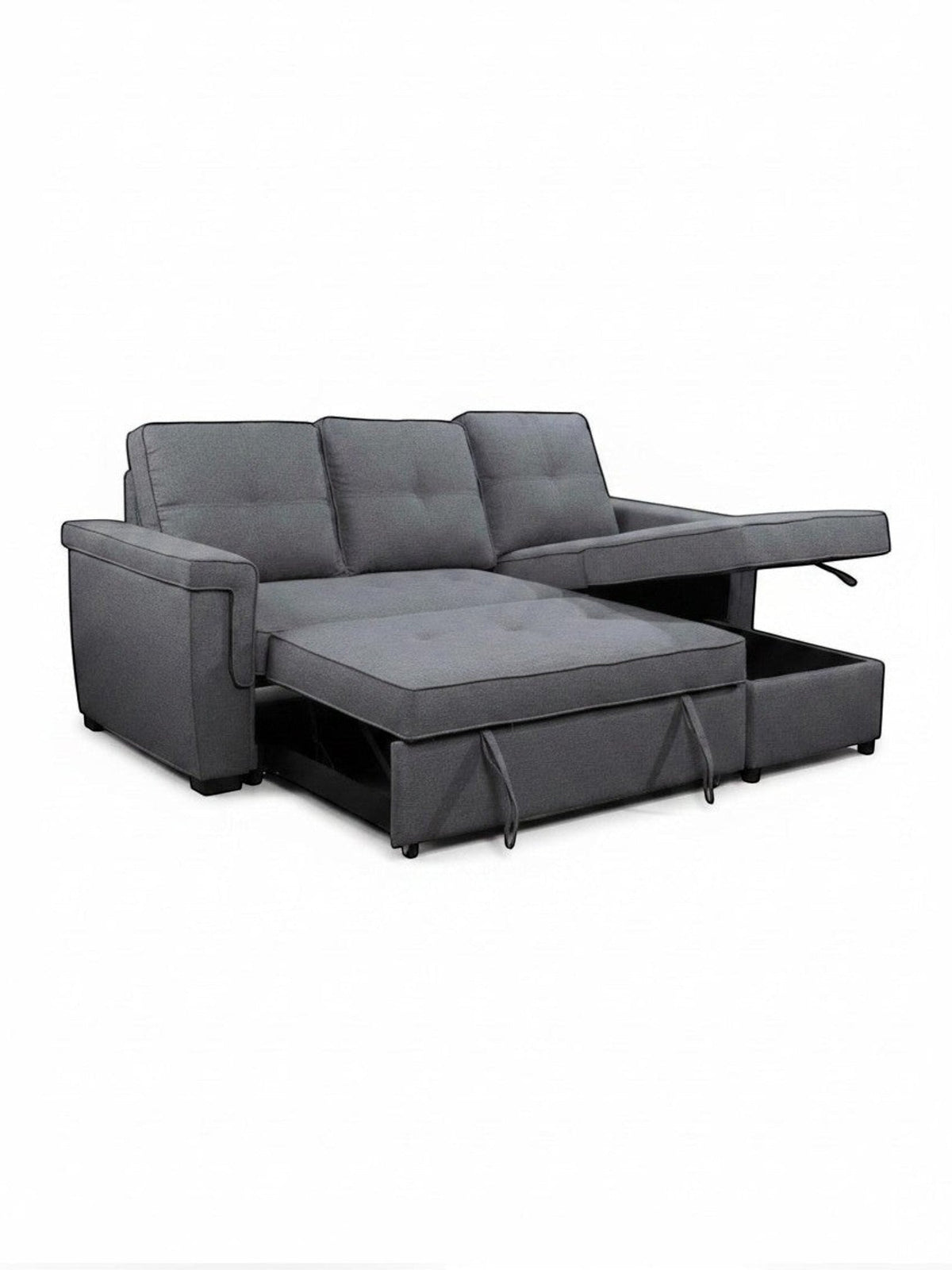 Sofa-lit Kendi gris de TOCO Meubles avec coffre de rangement et mécanisme convertible en lit sur fond blanc