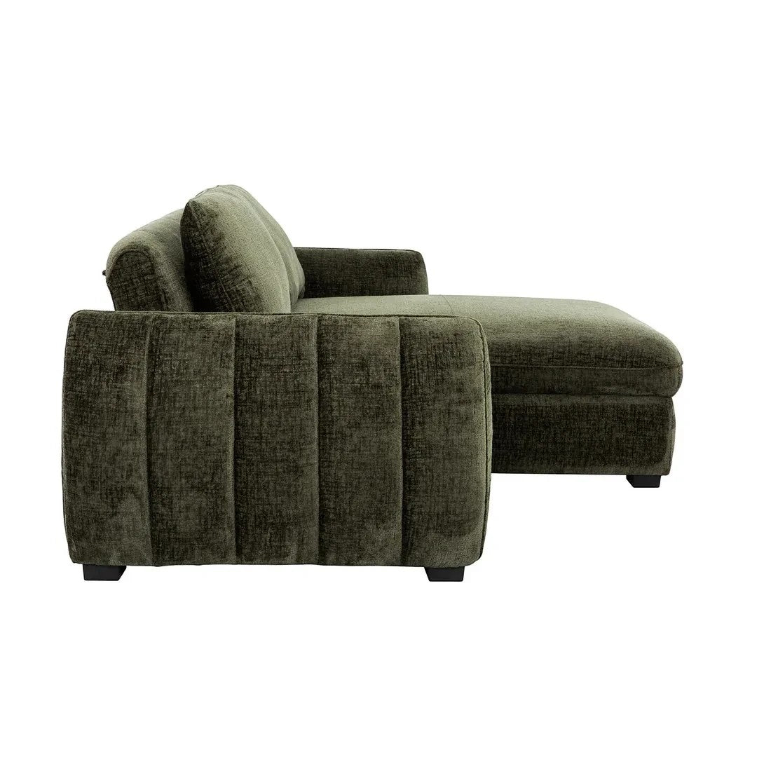TOCO Meubles Sofa-Lit Morgan vert foncé en tissu texturé avec méridienne réversible et rangement intégré.