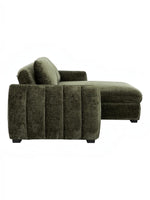 TOCO Meubles Sofa-Lit Morgan vert foncé en tissu texturé avec méridienne réversible et rangement intégré.