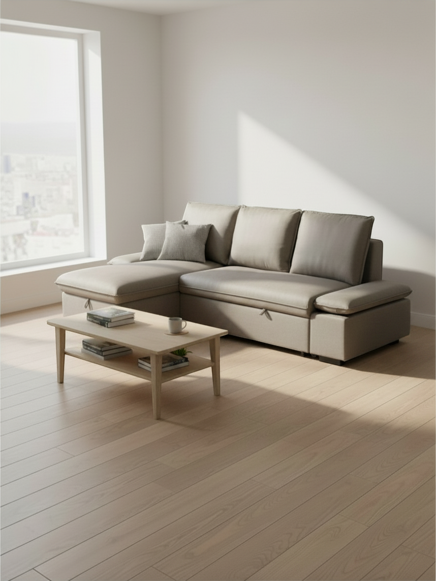Sofa-lit Nia TOCO Meubles beige avec méridienne dans un salon lumineux au style scandinave moderne
