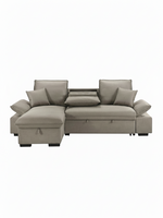 Sofa-lit Nia TOCO Meubles gris avec méridienne, accoudoirs larges et tablette centrale intégrée sur fond blanc