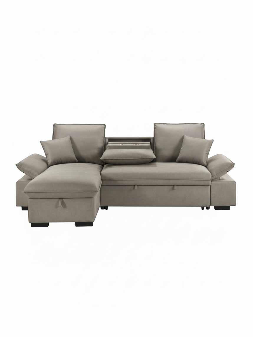 Sofa-lit Nia TOCO Meubles gris avec méridienne, accoudoirs larges et tablette centrale intégrée sur fond blanc
