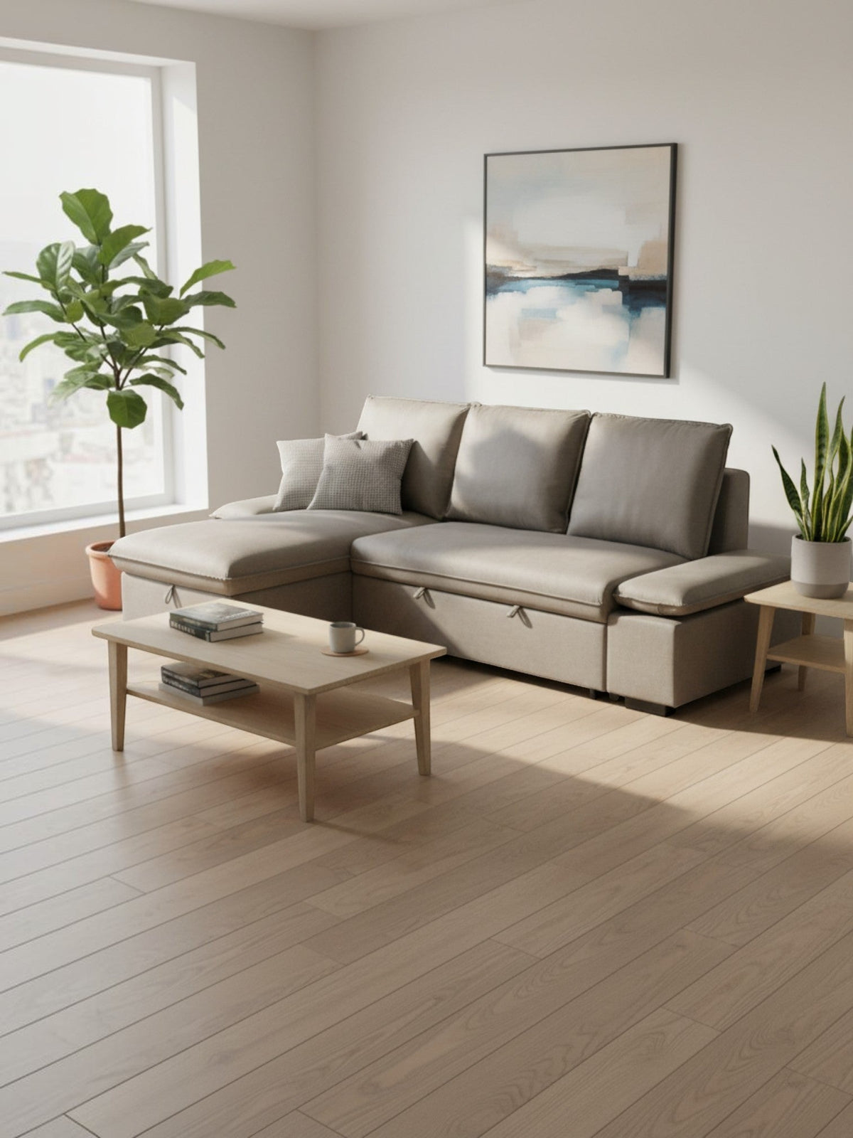 Sofa-lit Nia TOCO Meubles gris avec méridienne dans un salon lumineux au style scandinave