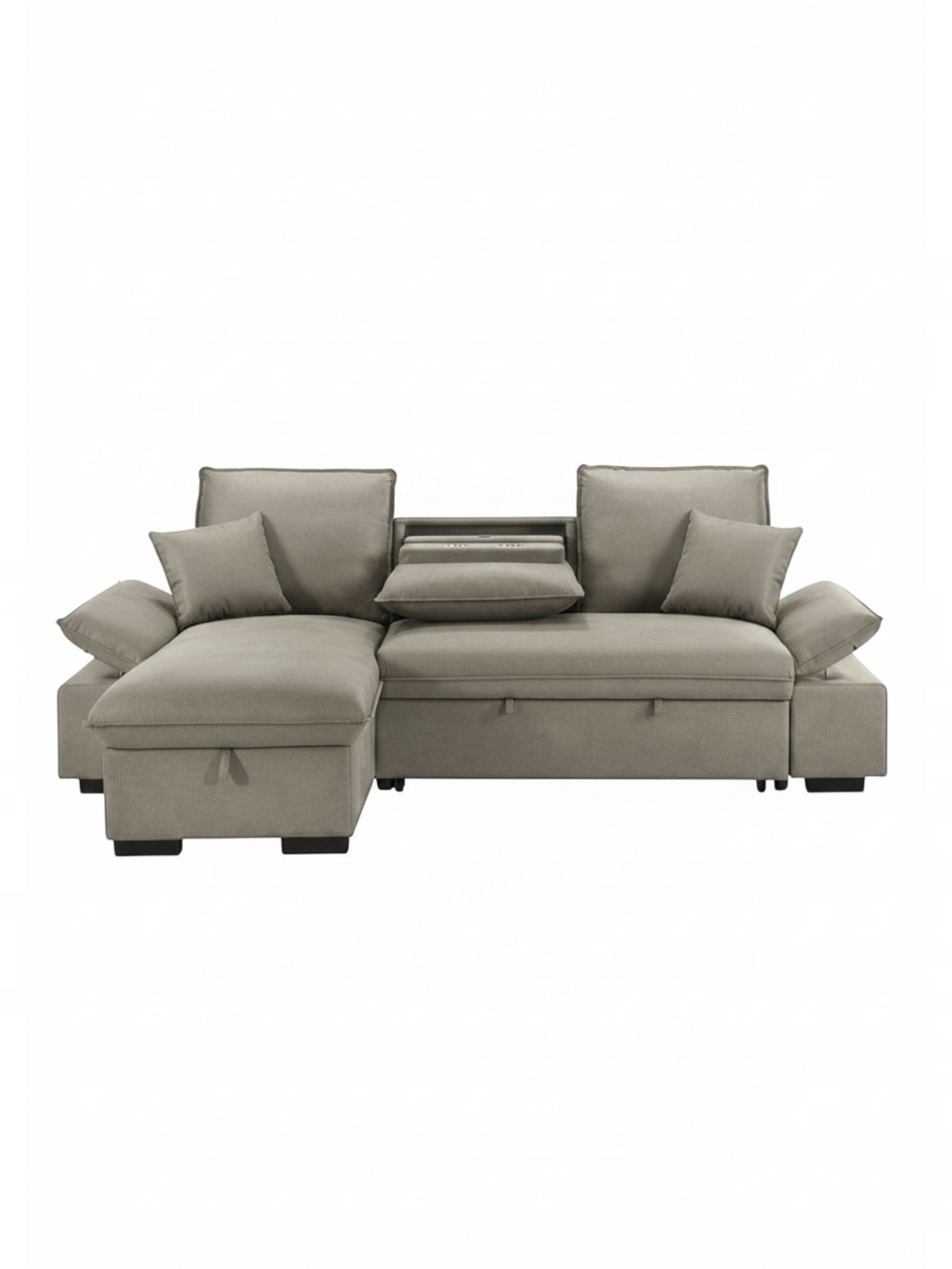 Sofa-lit Nia TOCO Meubles gris avec méridienne, coffre de rangement et tablette centrale intégrée