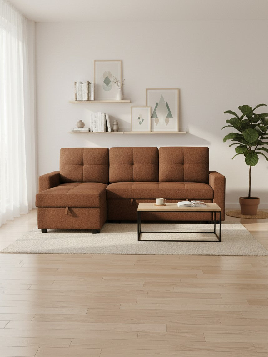 Sofa-lit réversible Jordan TOCO Meubles en tissu marron avec coffre de rangement dans un salon moderne et lumineux