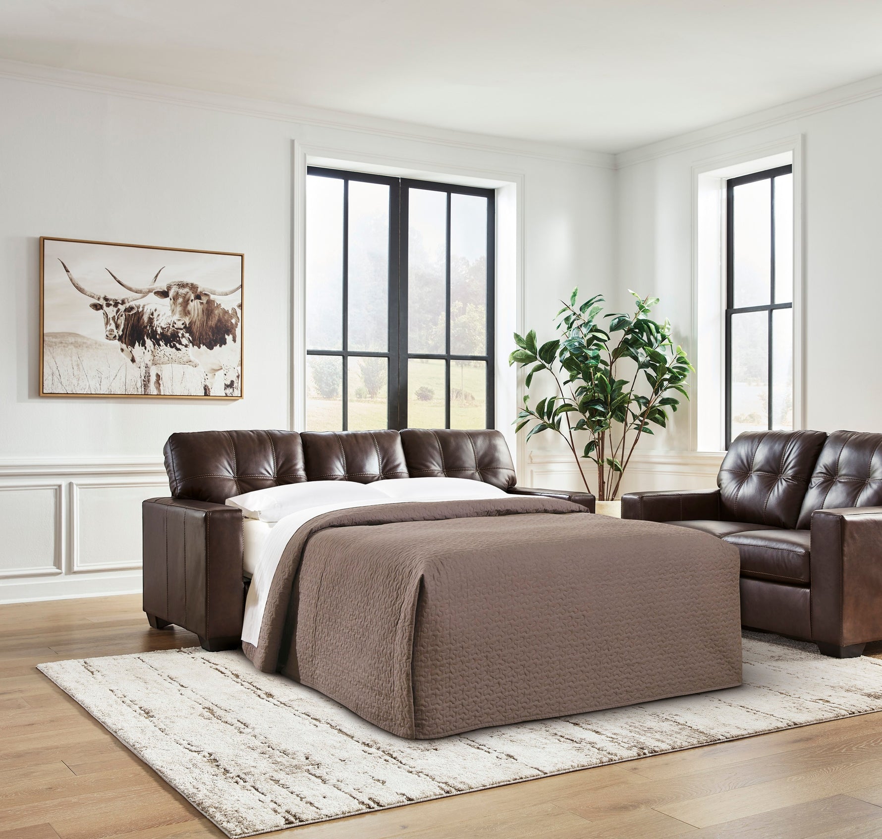 TOCO Meubles Sofa-lit Sacha marron en cuir, convertible en lit d'appoint, assise capitonnée, idéal pour salon.