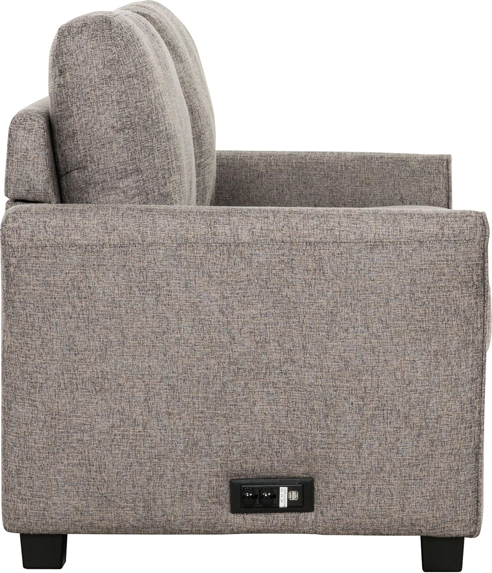 Toco Meubles Sofa-lit Sana gris chiné en tissu avec prises USB intégrées et prises électriques.