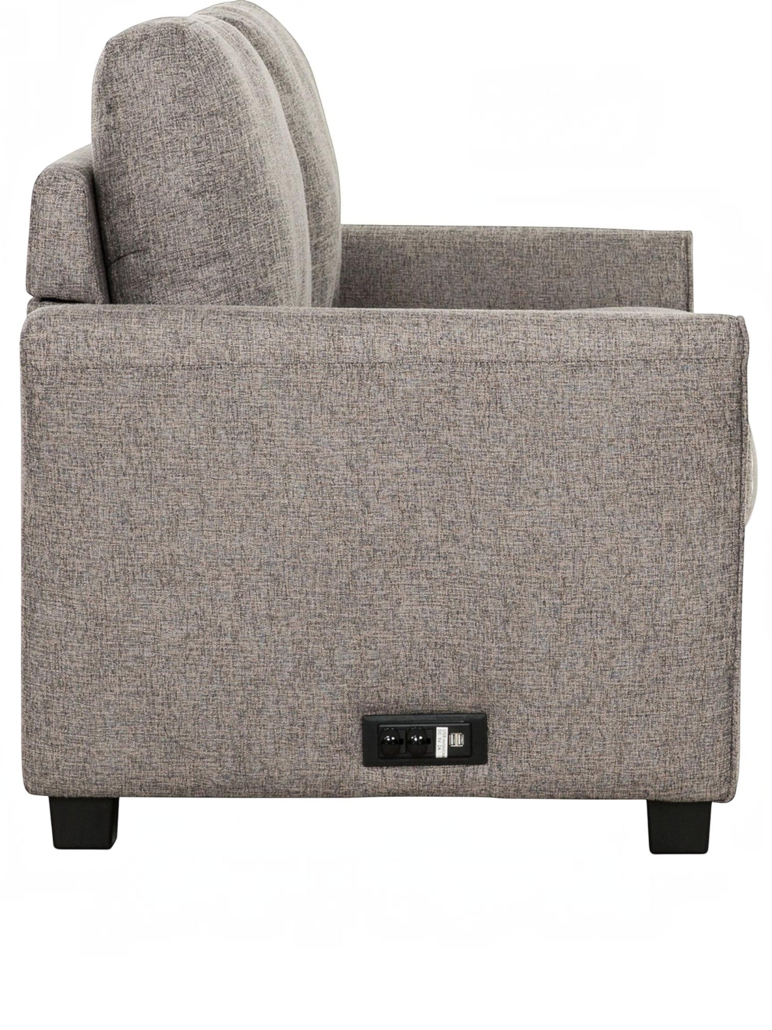 Toco Meubles Sofa-lit Sana gris chiné en tissu avec prises USB intégrées et prises électriques.