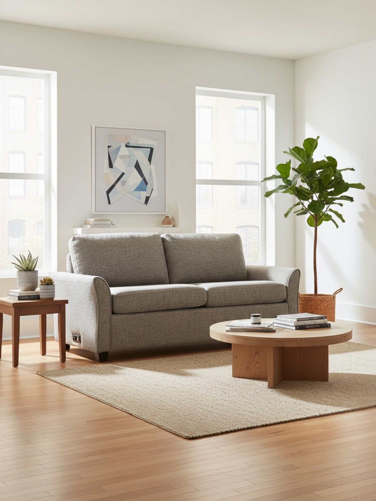 Sofa-lit Sana gris de TOCO Meubles dans un salon contemporain lumineux avec table basse en bois et plante verte