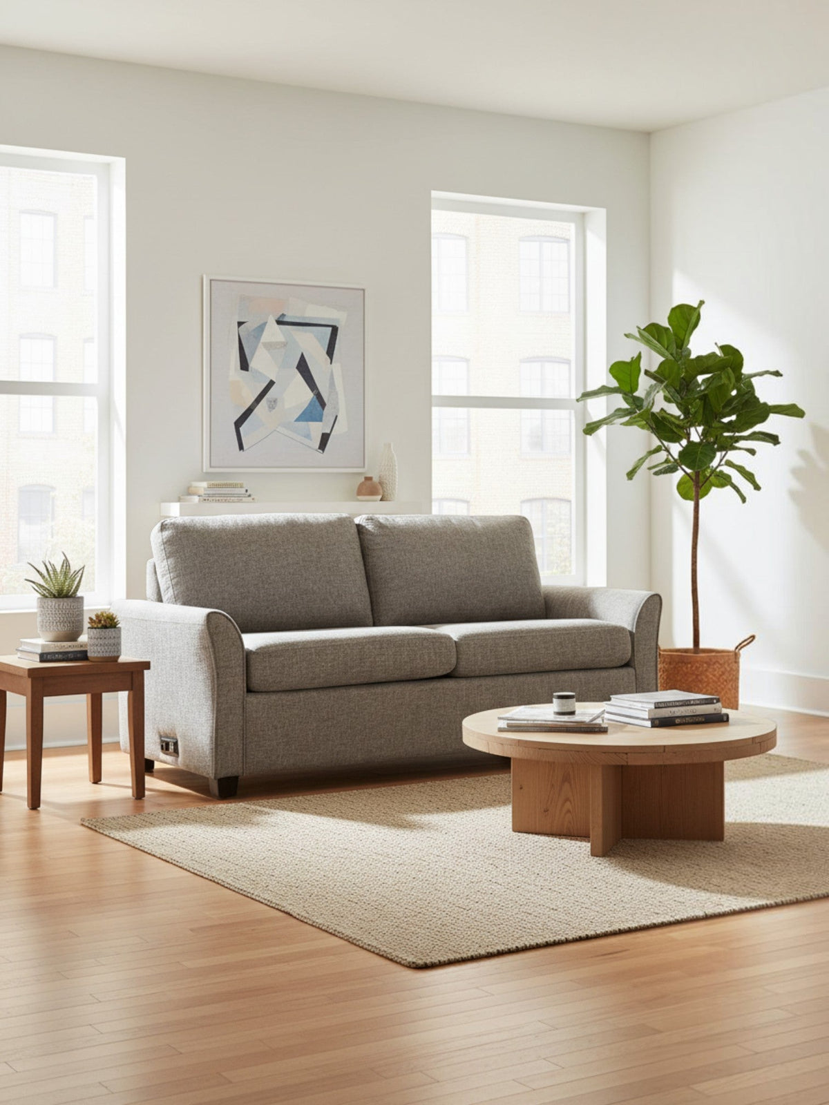 Sofa-lit Sana gris de TOCO Meubles dans un salon contemporain lumineux avec table basse en bois et plante verte