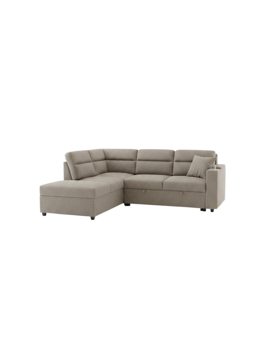 Sofa-lit sectionnel Émilio de TOCO Meubles en tissu beige avec méridienne, rangement intégré et lit gigogne