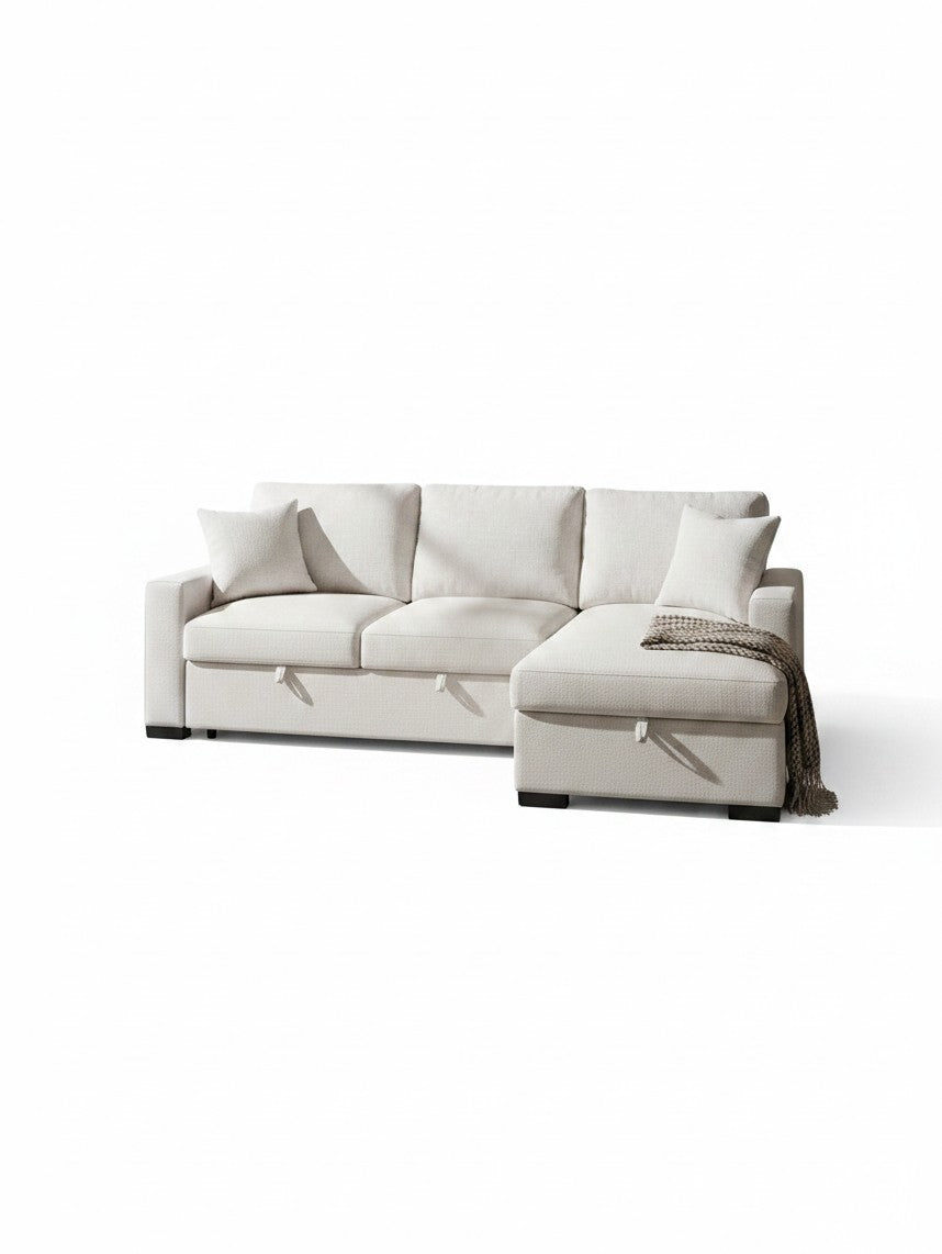 Sofa-lit sectionnel beige TOCO Meubles avec méridienne de rangement, lit gigogne et coussins décoratifs