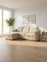 Sofa-lit sectionnel beige TOCO Meubles avec méridienne et rangement dans un salon lumineux et moderne