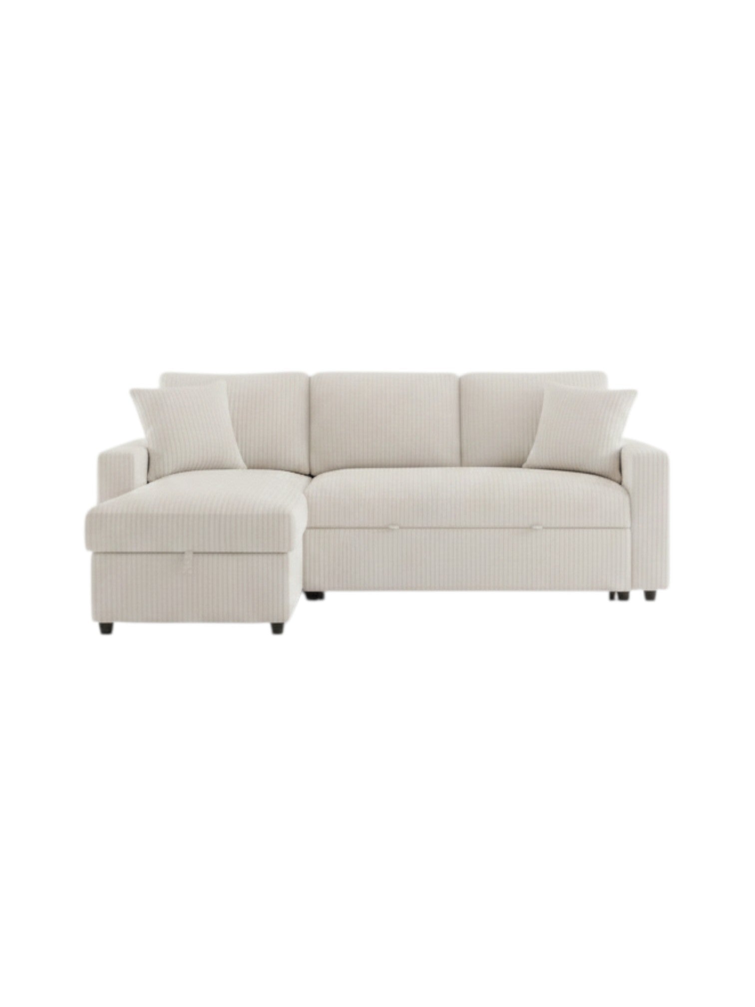 Sofa-lit sectionnel Alix beige de TOCO Meubles avec méridienne réversible, coffre de rangement et deux coussins
