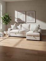 Sofa-lit sectionnel beige TOCO Meubles avec méridienne de rangement, table rabattable et accoudoirs bibliothèque