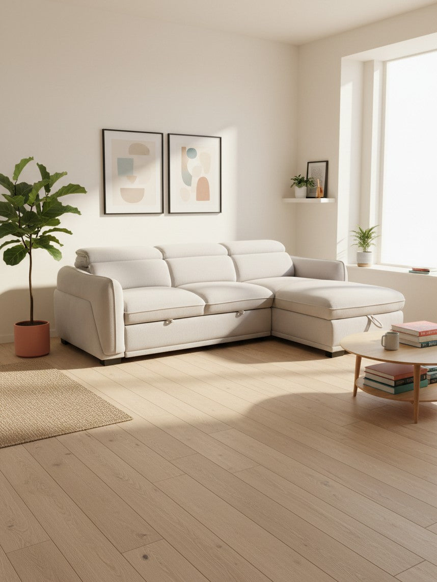 Sofa-lit sectionnel Terra beige de TOCO Meubles dans un salon moderne et lumineux avec table basse en bois