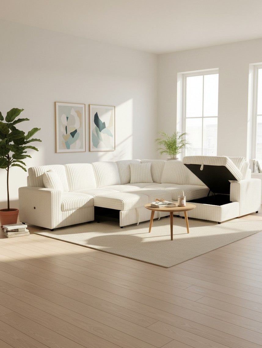 Sofa-lit sectionnel Célio blanc en velours côtelé avec rangement intégré dans un salon lumineux par TOCO Meubles