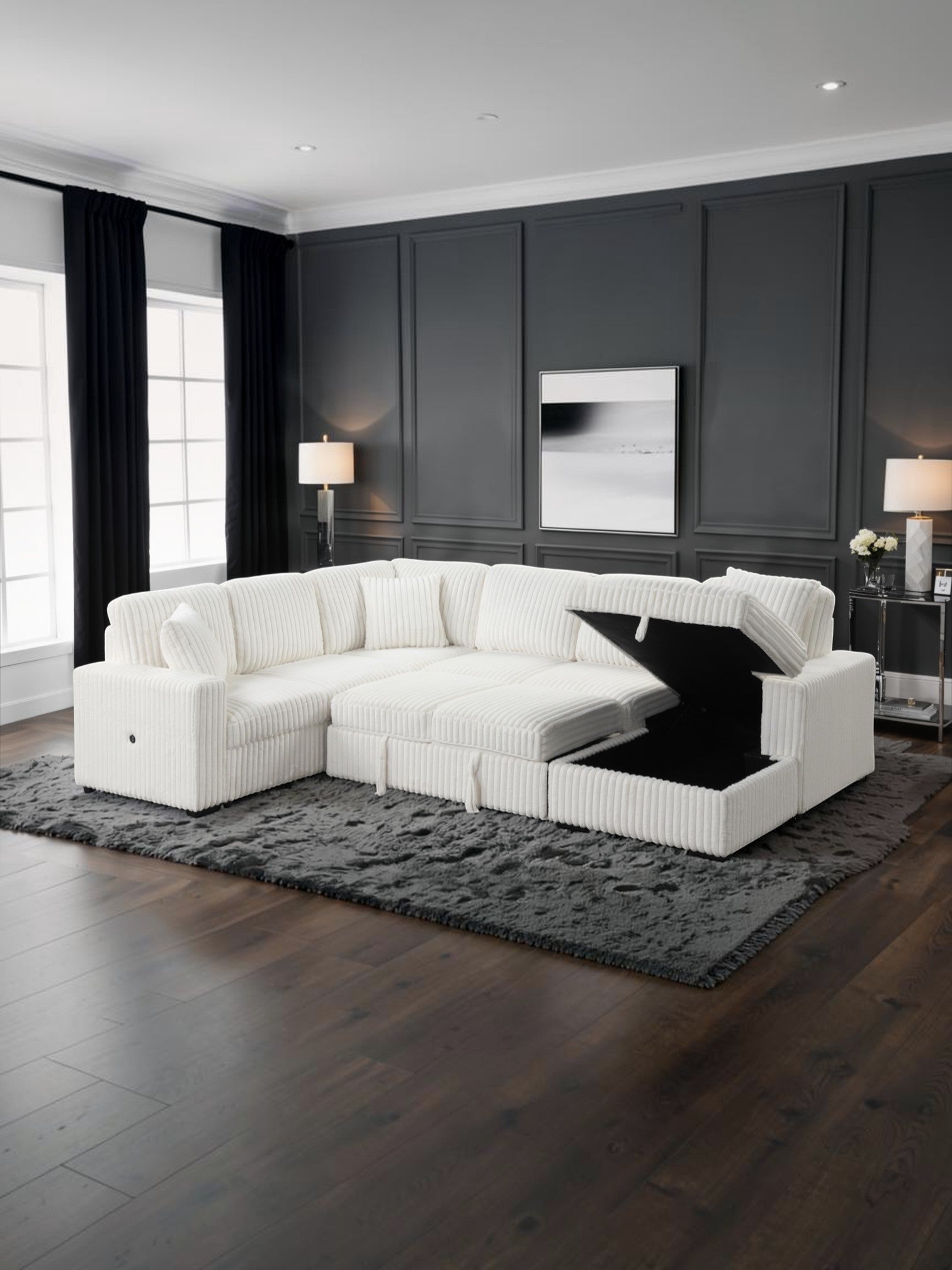 Sofa-lit sectionnel blanc TOCO Meubles en velours côtelé avec coffre de rangement ouvert dans un salon moderne