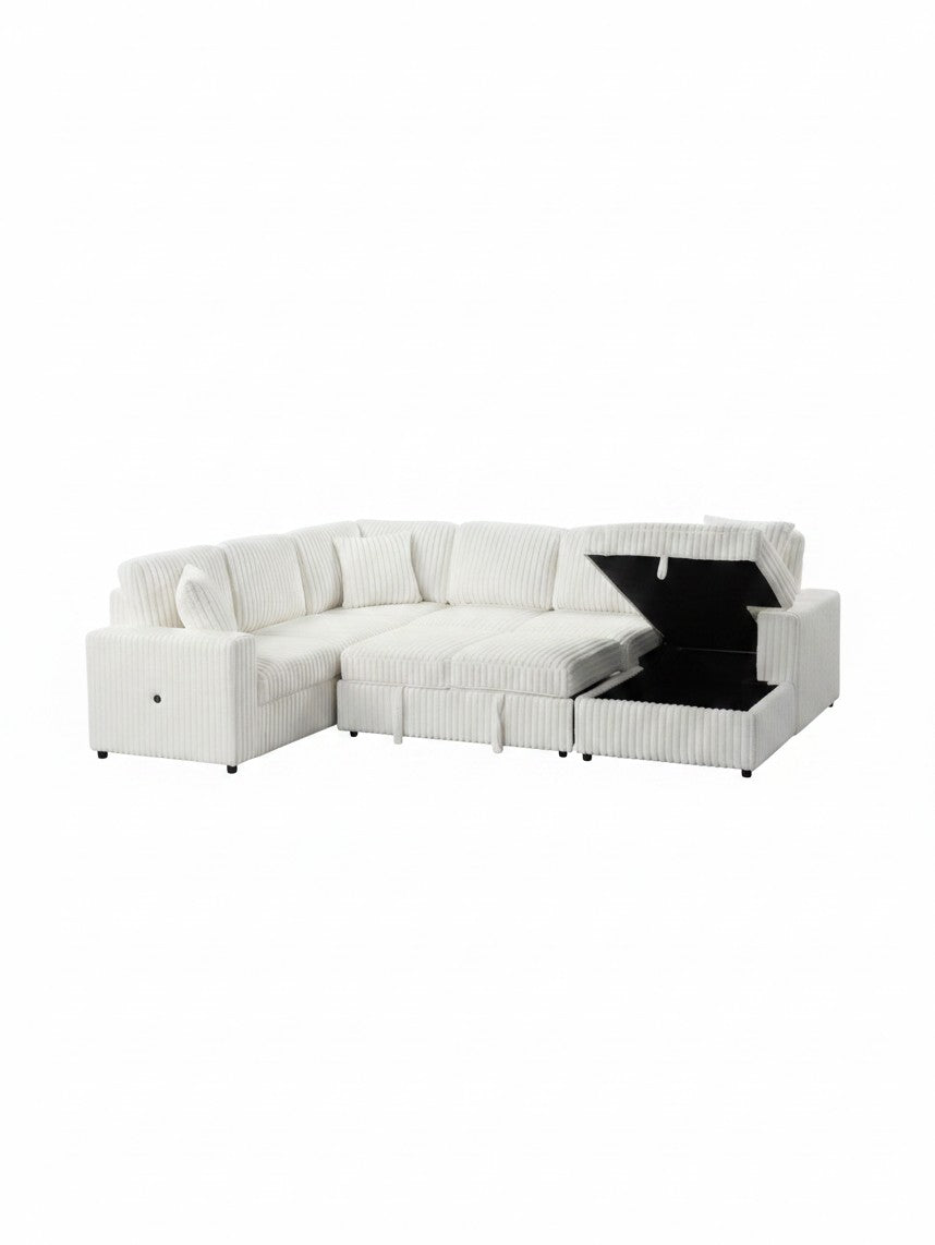 Sofa-lit sectionnel Célio blanc en velours côtelé avec rangement intégré, proposé par TOCO Meubles.