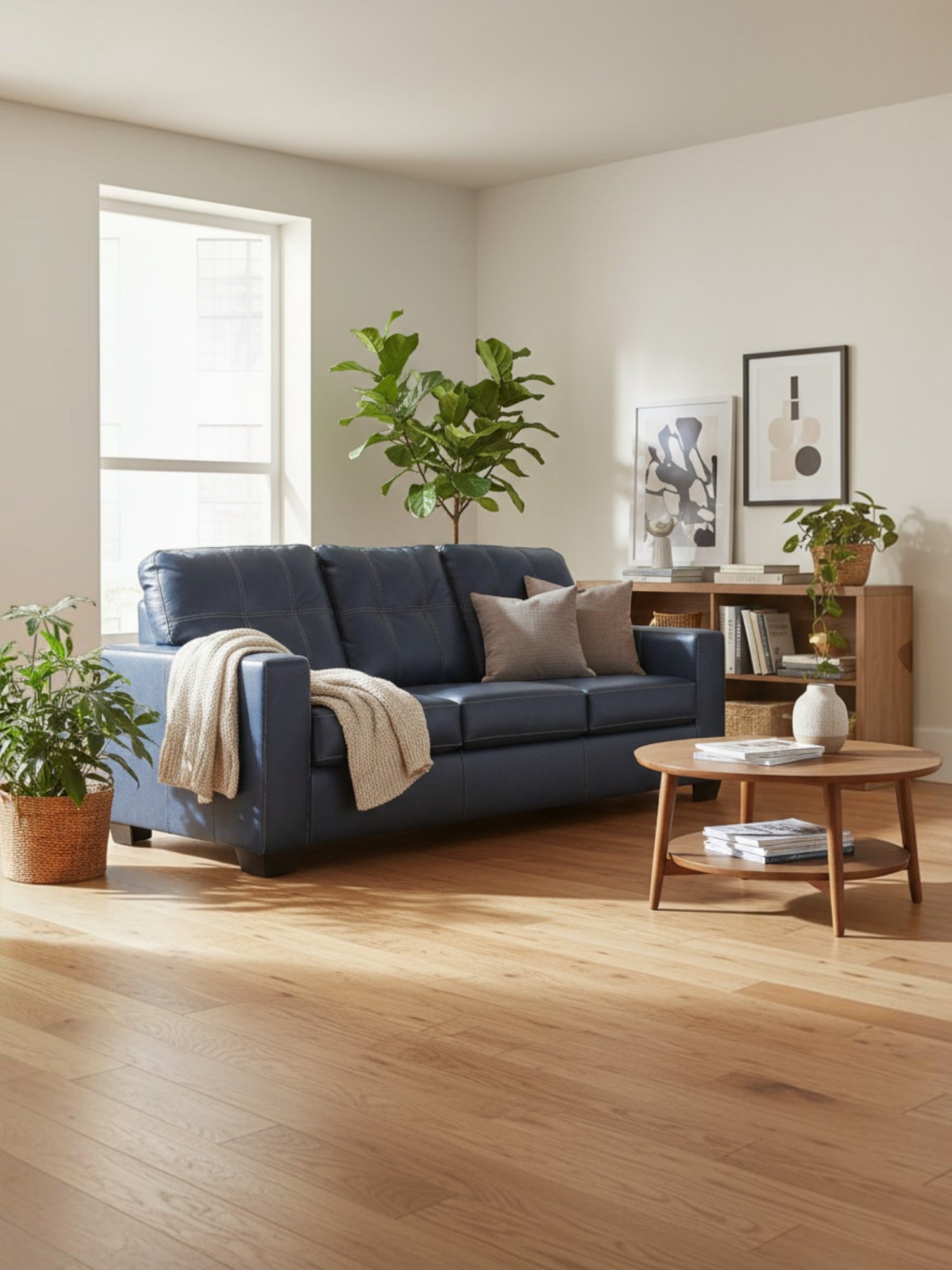 Sofa-lit sectionnel Leon bleu marine par TOCO Meubles dans un salon moderne avec parquet en bois clair