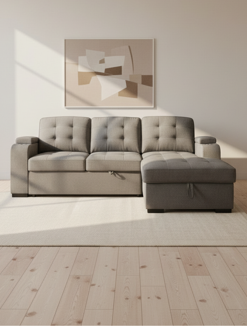 Sofa-lit sectionnel TOCO Meubles gris avec méridienne, dossier capitonné et rangement intégré dans un salon moderne.