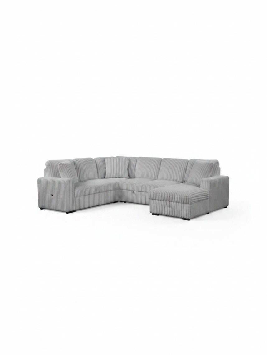 Sofa-lit sectionnel Célio gris en velours côtelé avec méridienne, proposé par TOCO Meubles