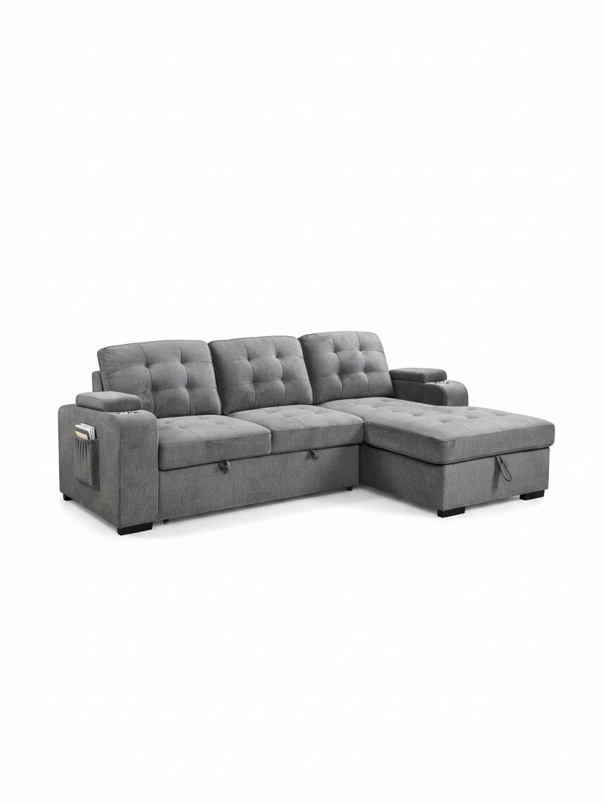 Sofa-lit sectionnel gris TOCO Meubles avec méridienne, dossiers capitonnés, porte-gobelets et pochette de rangement