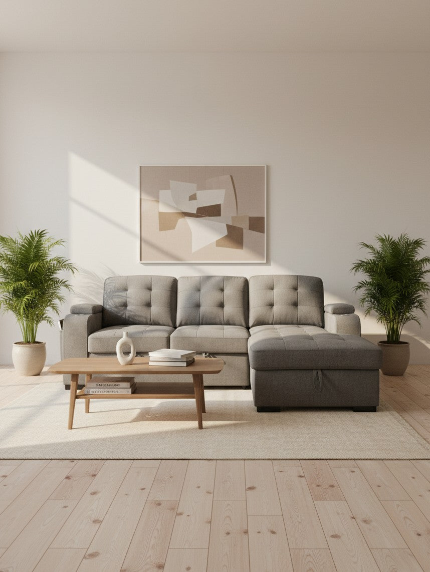 Sofa-Lit Sectionnel Orée gris de TOCO Meubles dans un salon moderne avec table basse en bois et plantes vertes