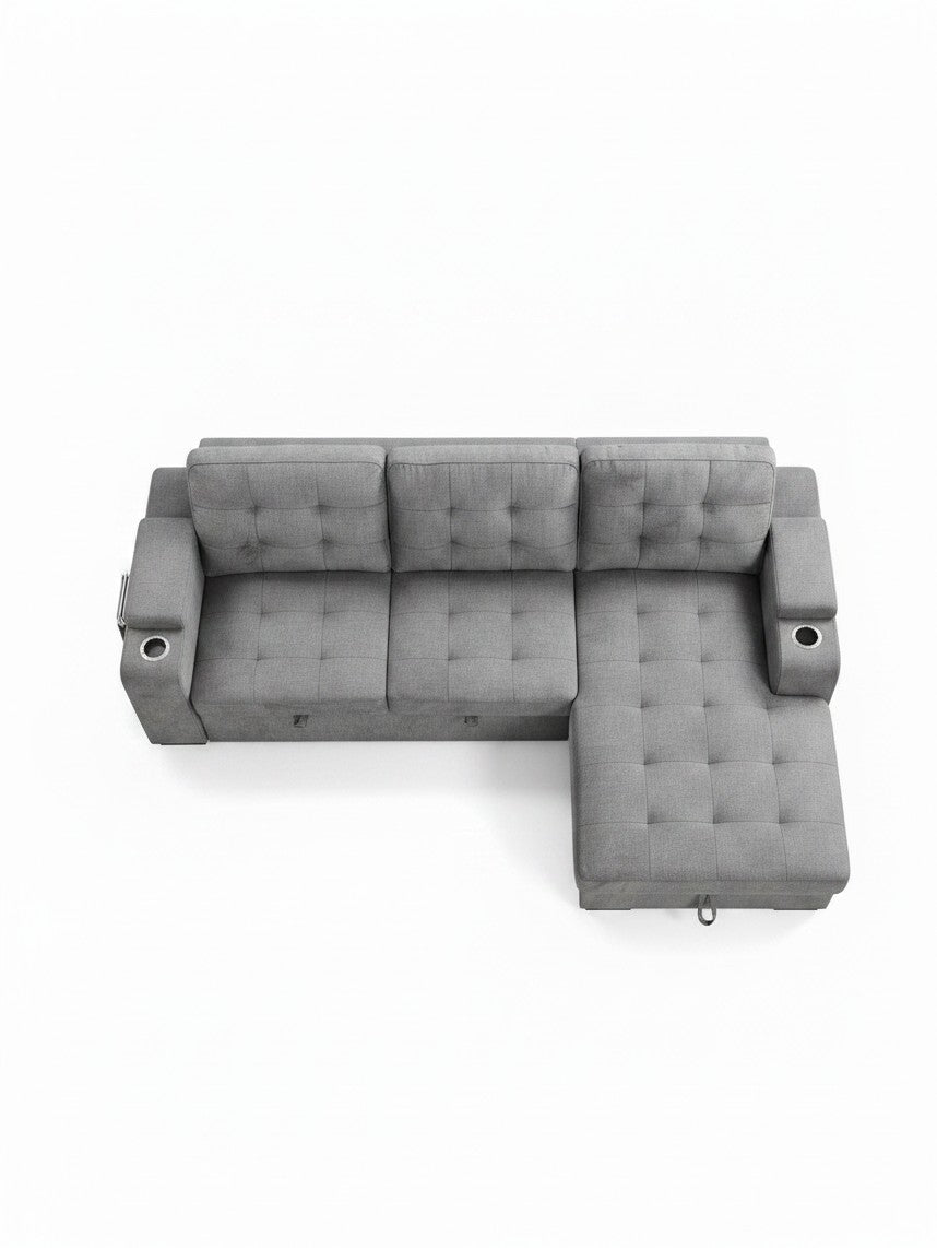 Sofa-lit sectionnel gris TOCO Meubles avec méridienne, porte-gobelets intégrés et assise capitonnée vue de dessus