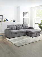 Sofa-lit sectionnel gris TOCO Meubles avec méridienne, dossiers capitonnés et porte-gobelets dans un salon moderne