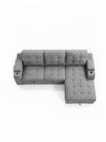 Sofa-lit sectionnel gris TOCO Meubles avec méridienne, porte-gobelets intégrés et assise capitonnée vue de dessus