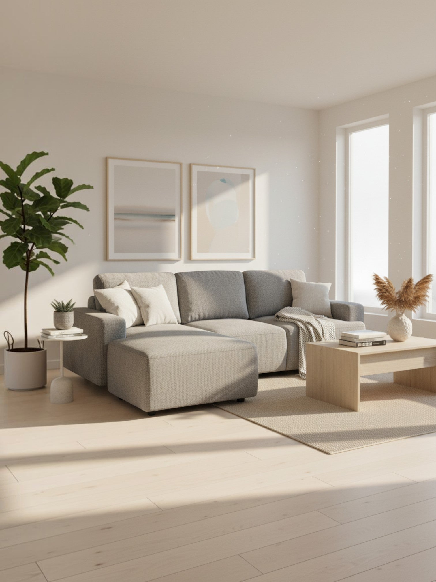 Sofa-lit sectionnel Matteo gris TOCO Meubles au design moderne et japandi avec finitions arrondies dans un salon
