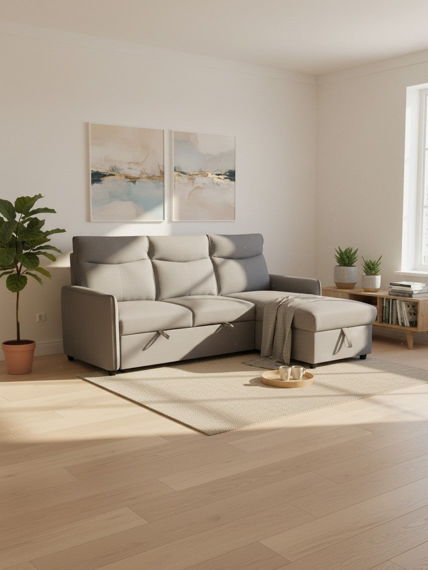 Sofa-lit sectionnel gris TOCO Meubles avec chaise réversible dans un salon moderne et lumineux