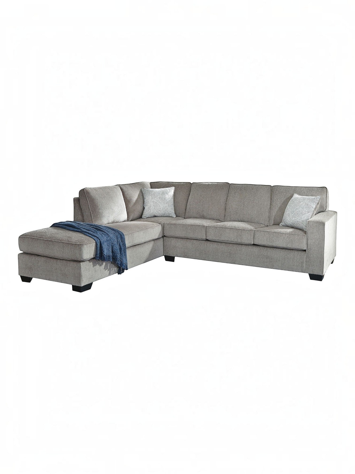TOCO Meubles Sofa-lit sectionnel Marcel gris en tissu avec coussins décoratifs et jeté bleu.