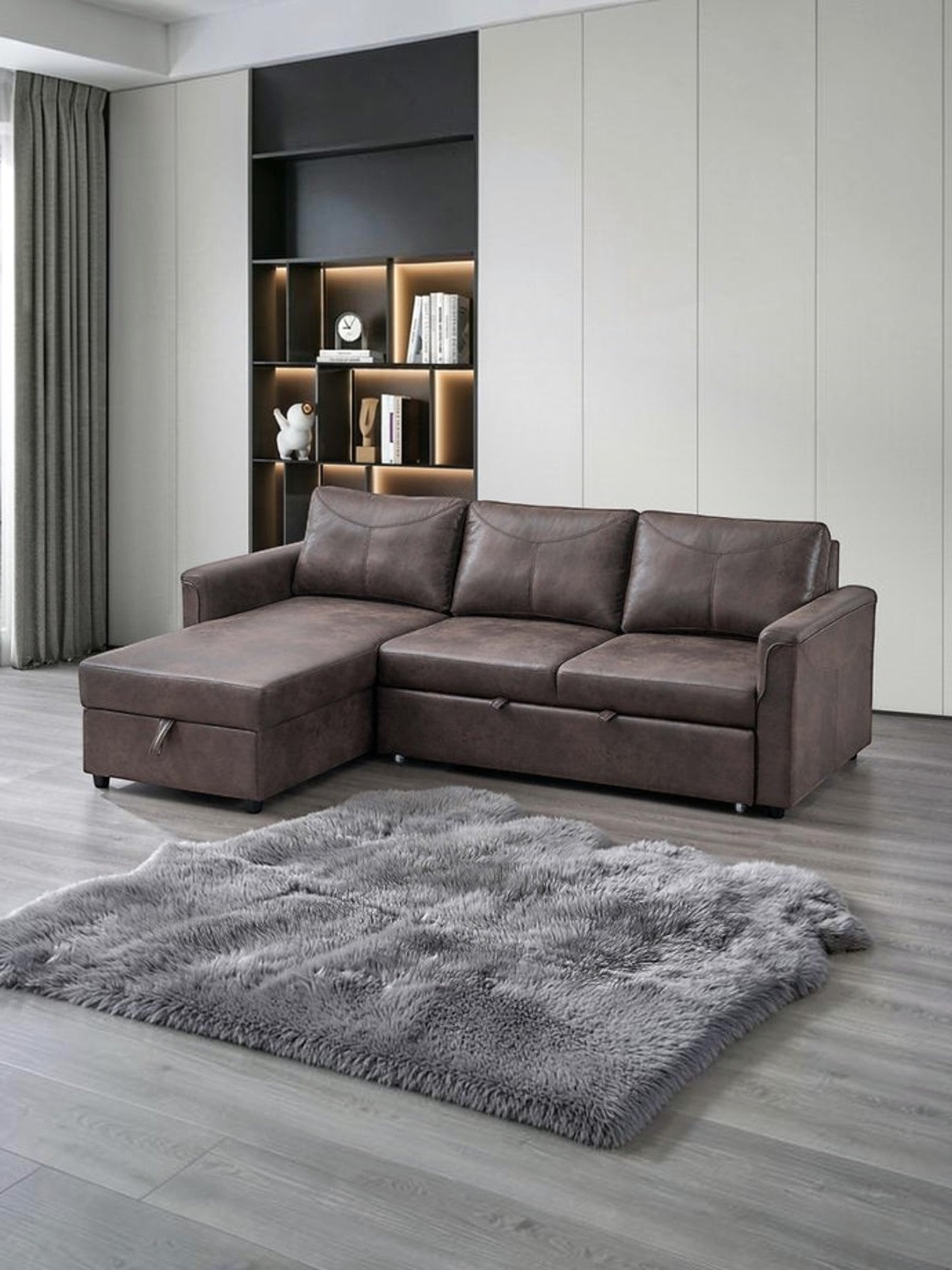 Sofa-lit sectionnel Eden marron de TOCO Meubles avec méridienne et fonction convertible dans un salon moderne