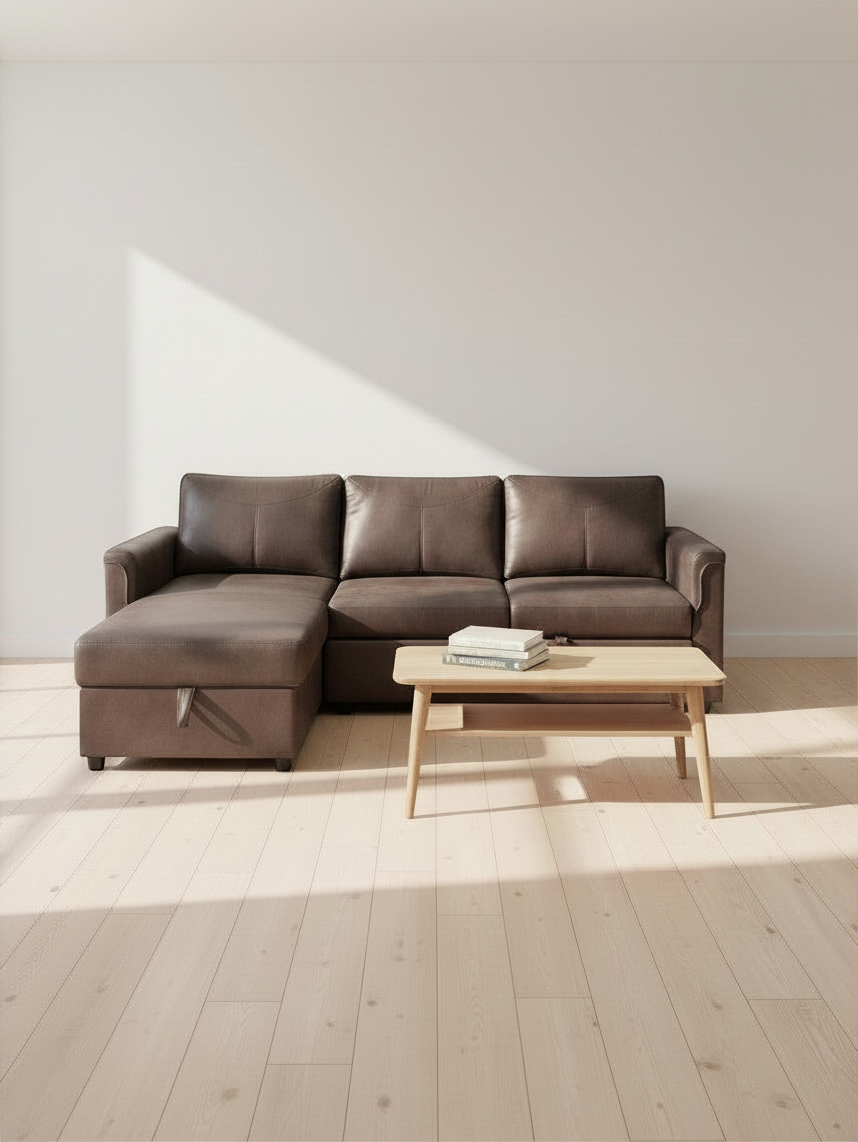 Sofa-lit sectionnel Eden marron de TOCO Meubles avec méridienne dans un salon lumineux au style minimaliste