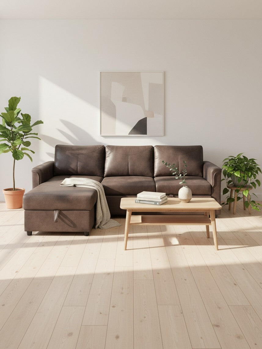 Sofa-lit sectionnel Eden marron de TOCO Meubles avec méridienne dans un salon moderne et lumineux