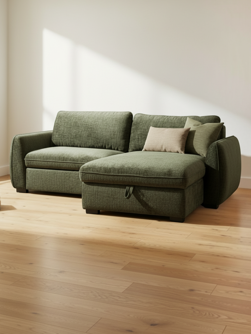 Sofa-lit sectionnel Morgan vert olive par TOCO Meubles avec méridienne réversible et rangement intégré