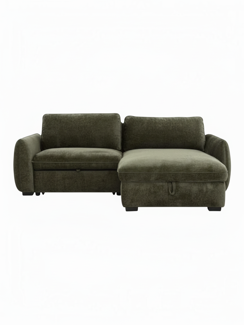 Sofa-lit sectionnel Morgan de TOCO Meubles en tissu vert olive avec méridienne réversible et rangement intégré
