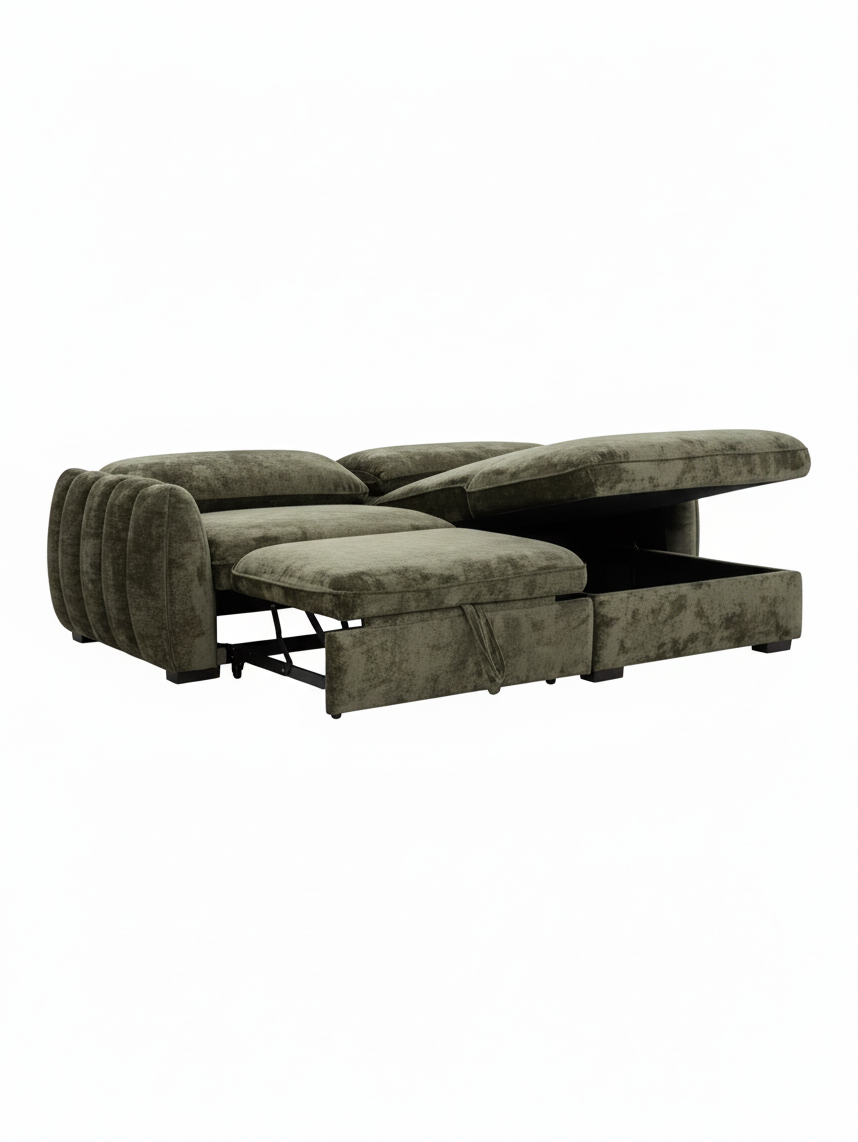 Sofa-lit sectionnel Morgan de TOCO Meubles en tissu vert olive avec méridienne de rangement et mécanisme convertible